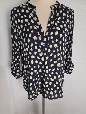 Lumiere Navy Blue V-Neck Blouse with Yellow Splashes, Size Small